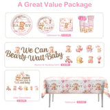 152 Pcs Pink Bearly Wait Baby Shower Decorations, Bear Baby Shower For Girl Tableware Set, With Banner, Cake Topper, Plates And Tablecloths, For Baby Girl Shower Decorations Pink, Serves 20