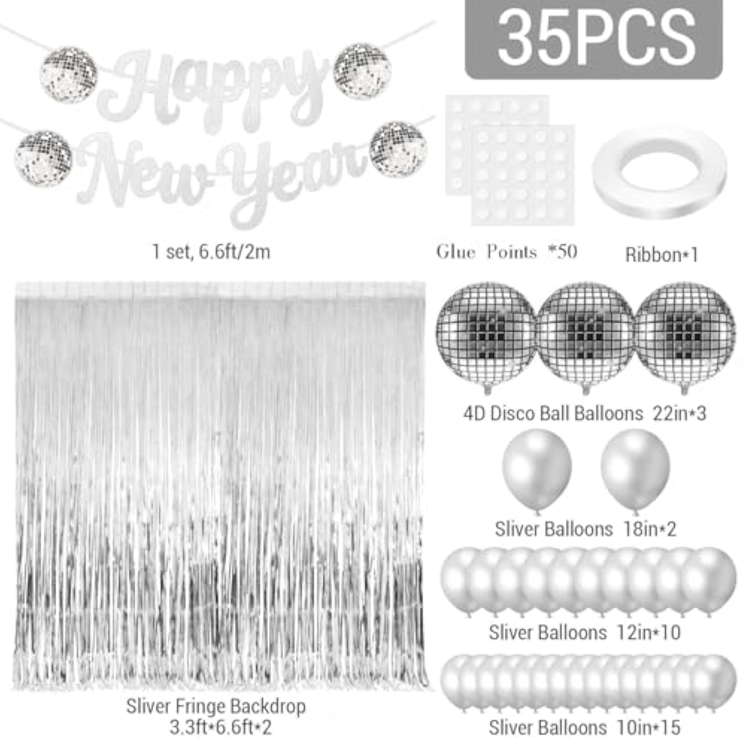 35 Pcs Disco Balloon Kit with Silver Balloons and Happy New Year Banner for Parties