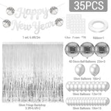 35 Pcs Disco Balloon Kit with Silver Balloons and Happy New Year Banner for Parties