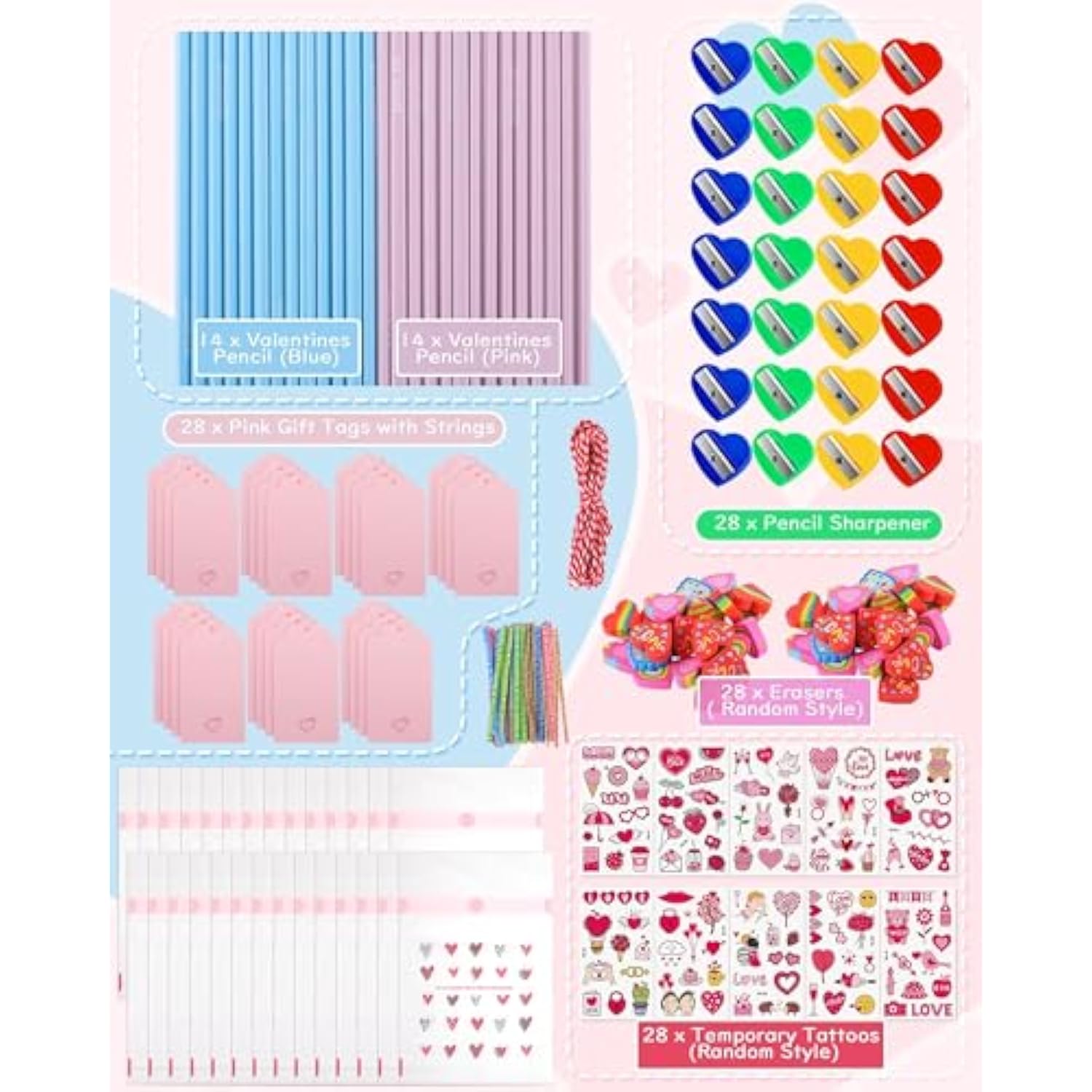 Class Valentines Day Gifts For Kids - 28 Pack Valentines Stationery Sets With Pencil Erasers Sharpener Tattoo Sticker - School Valentines Classroom Exchange Party Favors