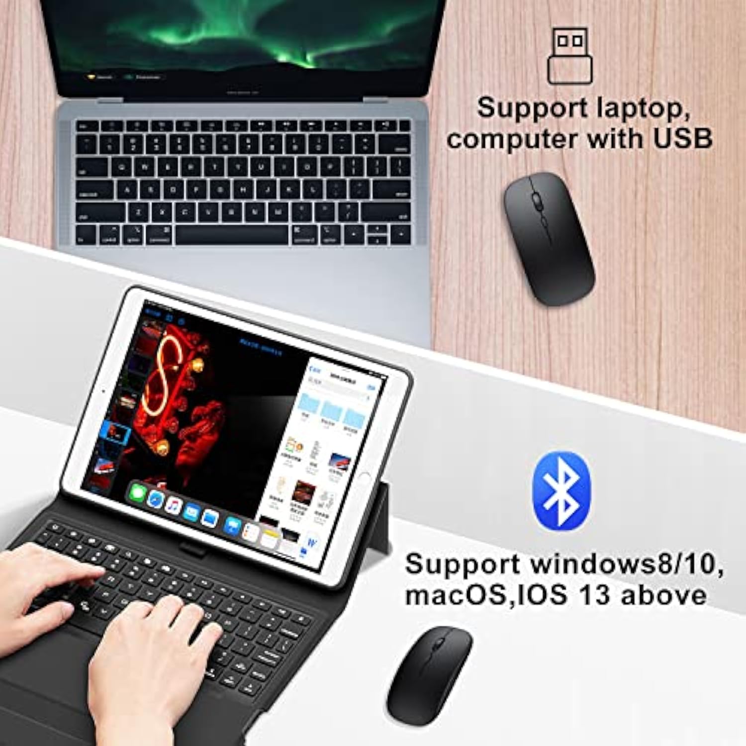 Wireless Bluetooth Mouse For Ipad/Macbook Pro/Air/Laptop/Pc Rechargeable Silent Mouse Portable Slim For Surface Pro/Lenovo/Samsung Tablet (Black)