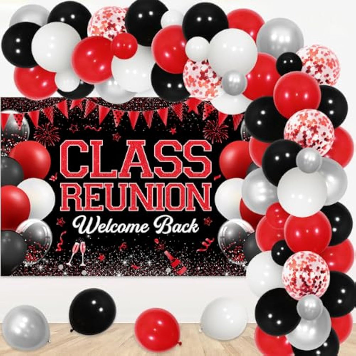 Class Reunion Party Decorations - Red And Black Balloon Garland Arch Kit With Welcome Back Class Reunion Backdrop, High School Reunion Party Photography Background Supplies