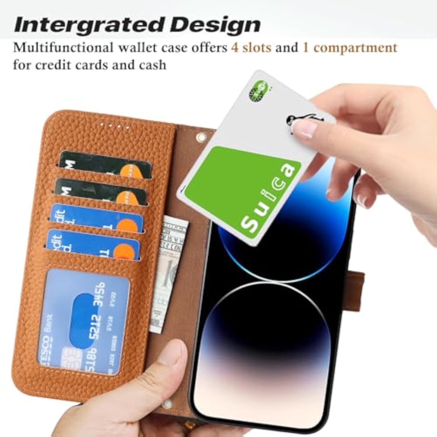 Genuine Leather Wallet Case for iPhone 14 Pro 6.1" with 4 Card Slots and RFID Blocking - Amber