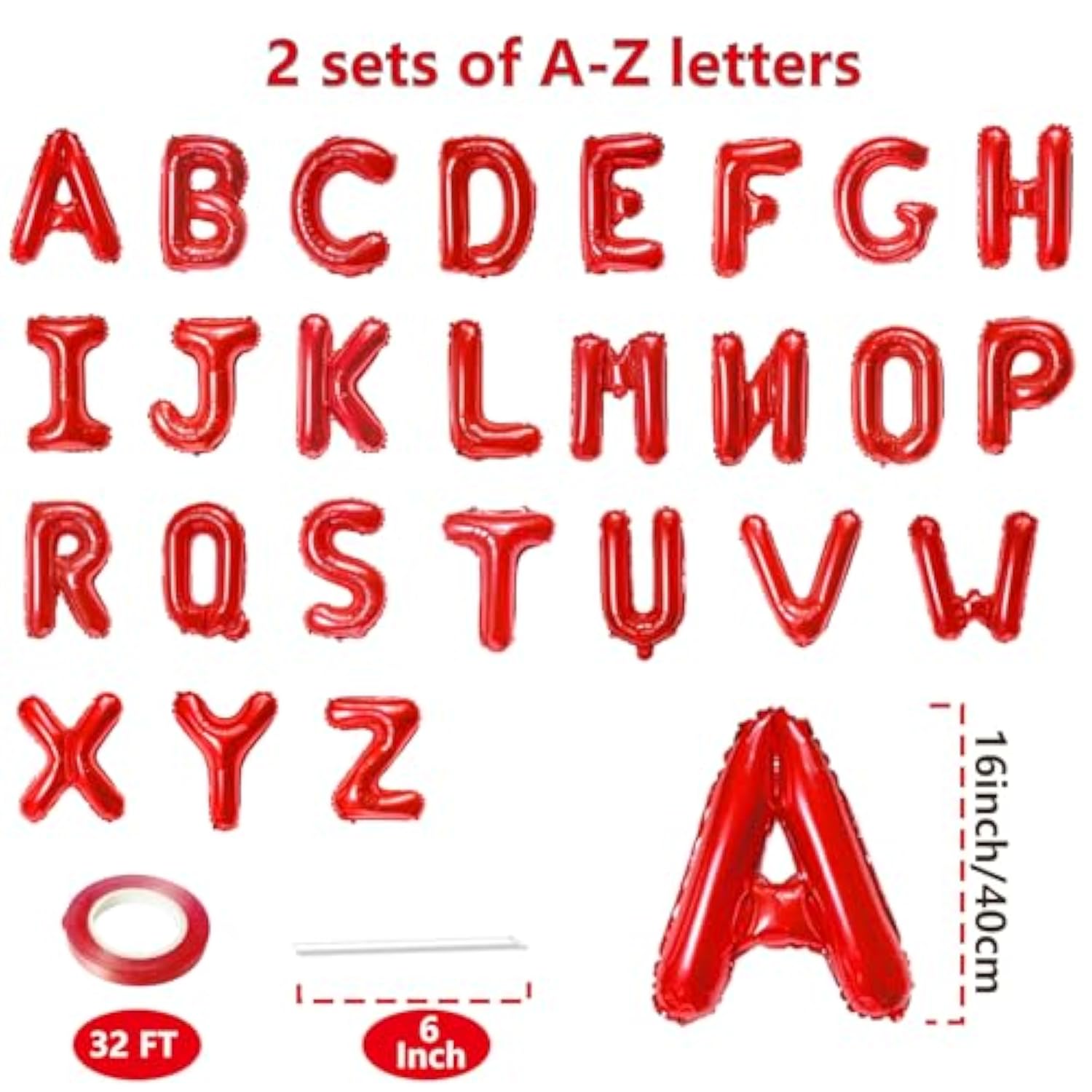 52pcs Red A-Z Letter Balloons 2 Sets 16 Inch Mylar Foil Party Decorations