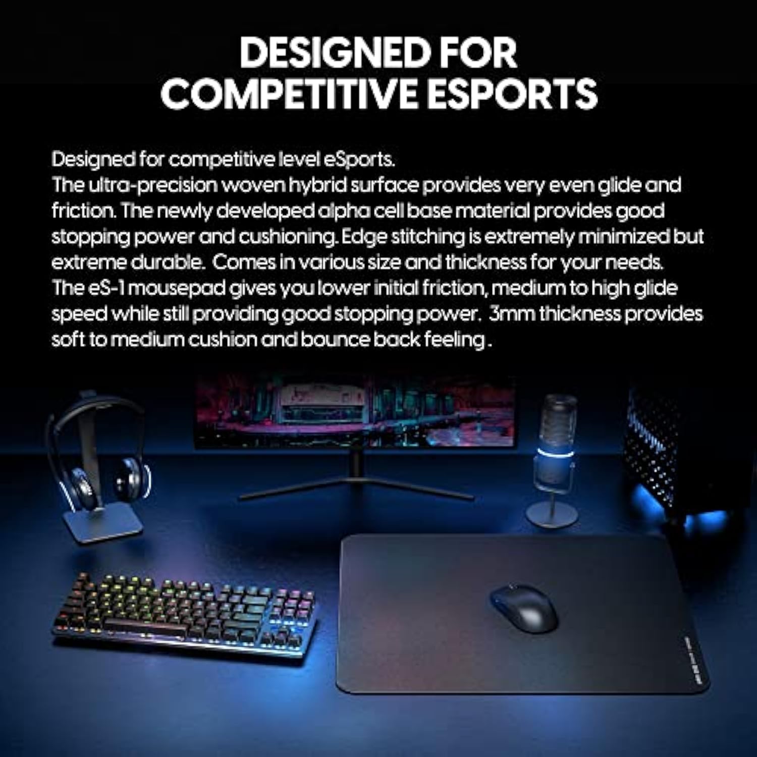 Pulsar - Es1 Esports Professional Level Gaming Mouse Pad 3Mm Thickness Anti-Slip Base Anti-Fray Precision Stitching Medium To High Glide Speed 19.3In X 16.5In (Xl, Black)