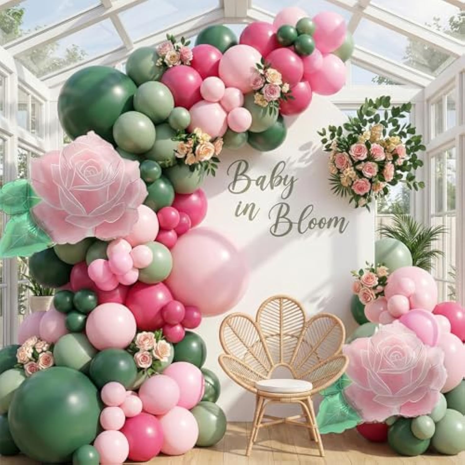 Spring Flower Balloon Garland Kit With Sage Green Hot Pink & Blush Pink Balloons With Flower Foil Balloons For Baby In Bloom Decorations Butterfly Birthday Floral Garden Tea Party Decorations