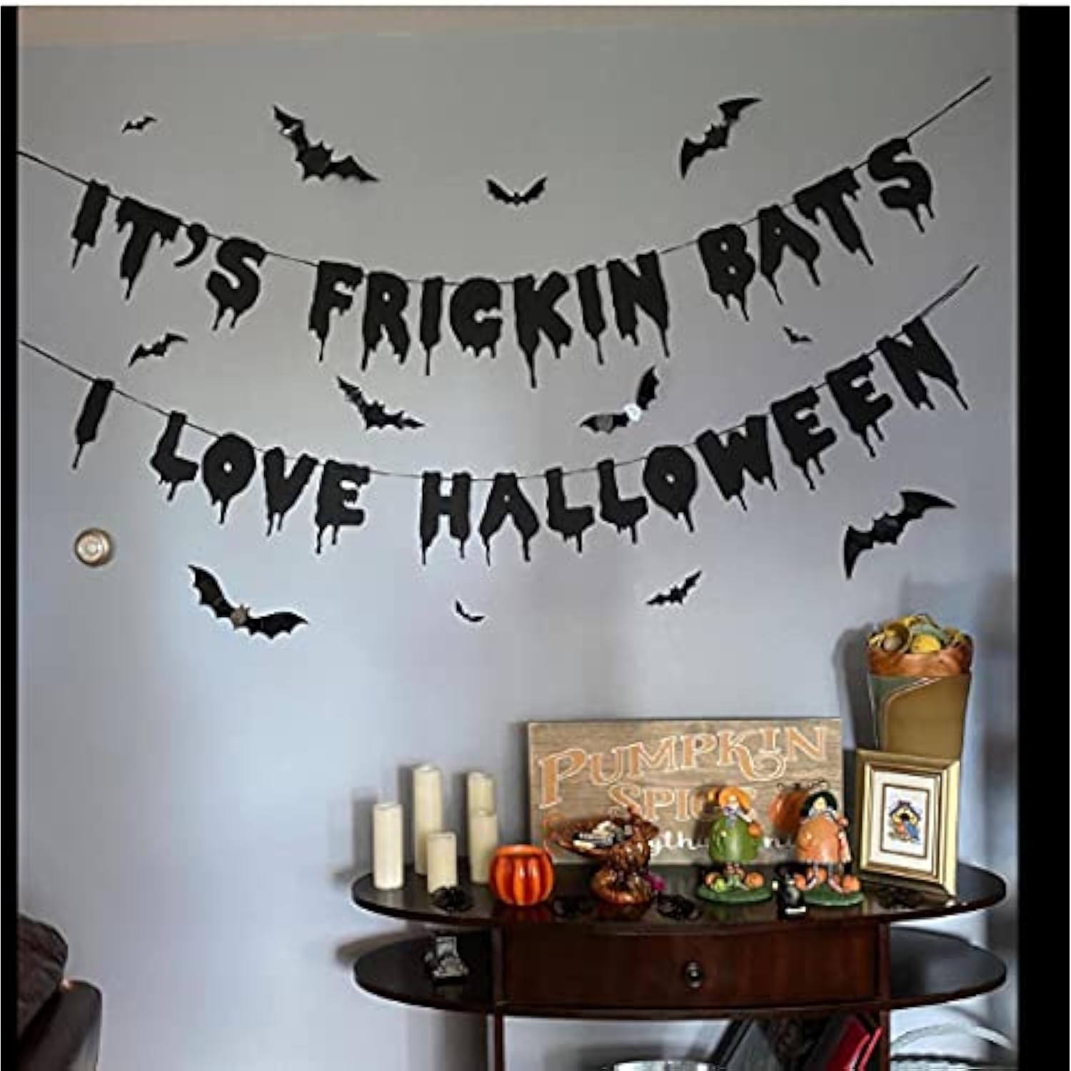 Black Glitter Its Frickin Bats Halloween Banner Spooky Party Decor for Mantle Yard Home