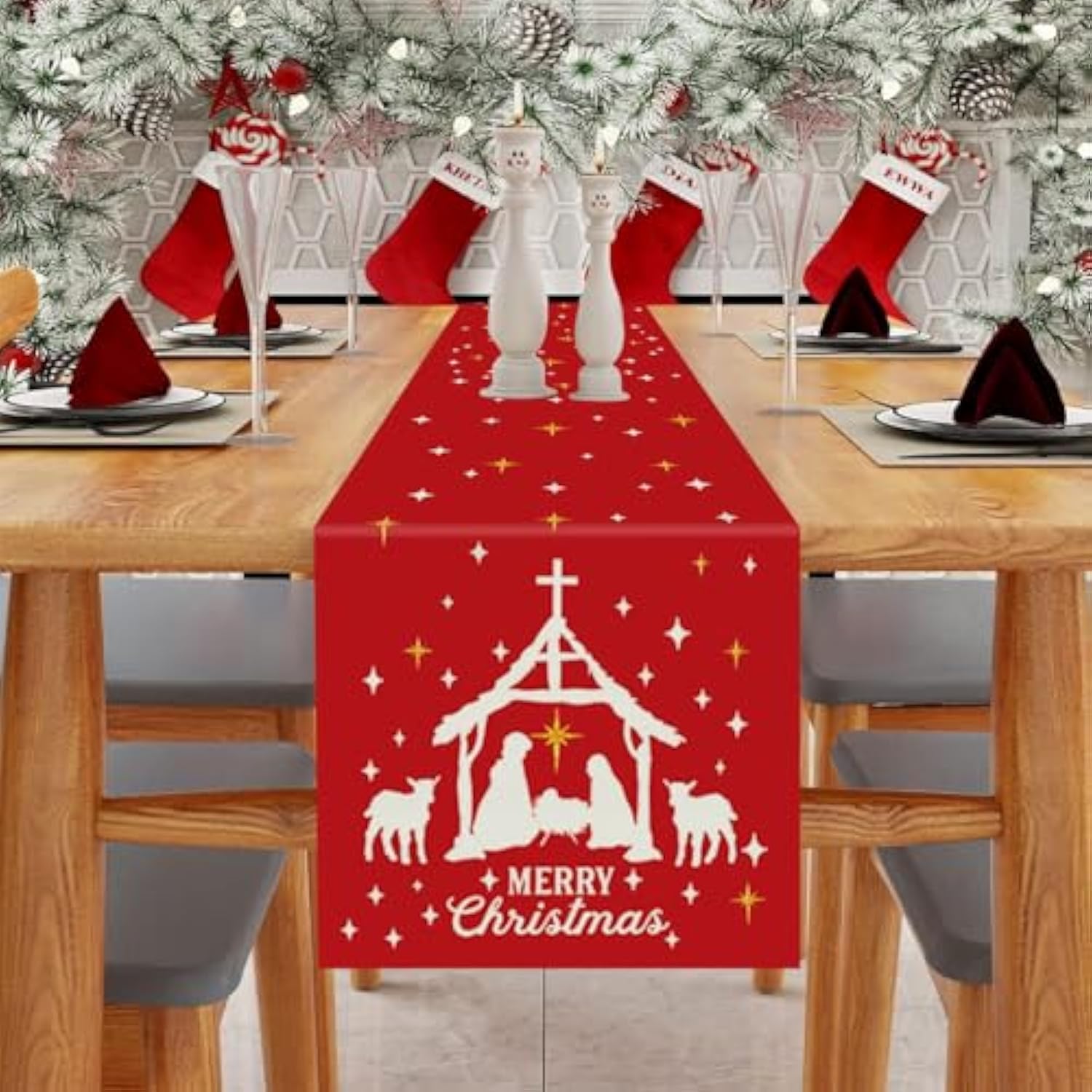 Jesus Christmas Decorations Table Runner Holy Night Nativity Christ Seasonal Winter Merry Christmas Xmas Kitchen Dining Red Table Home Decor 13X72 Inch