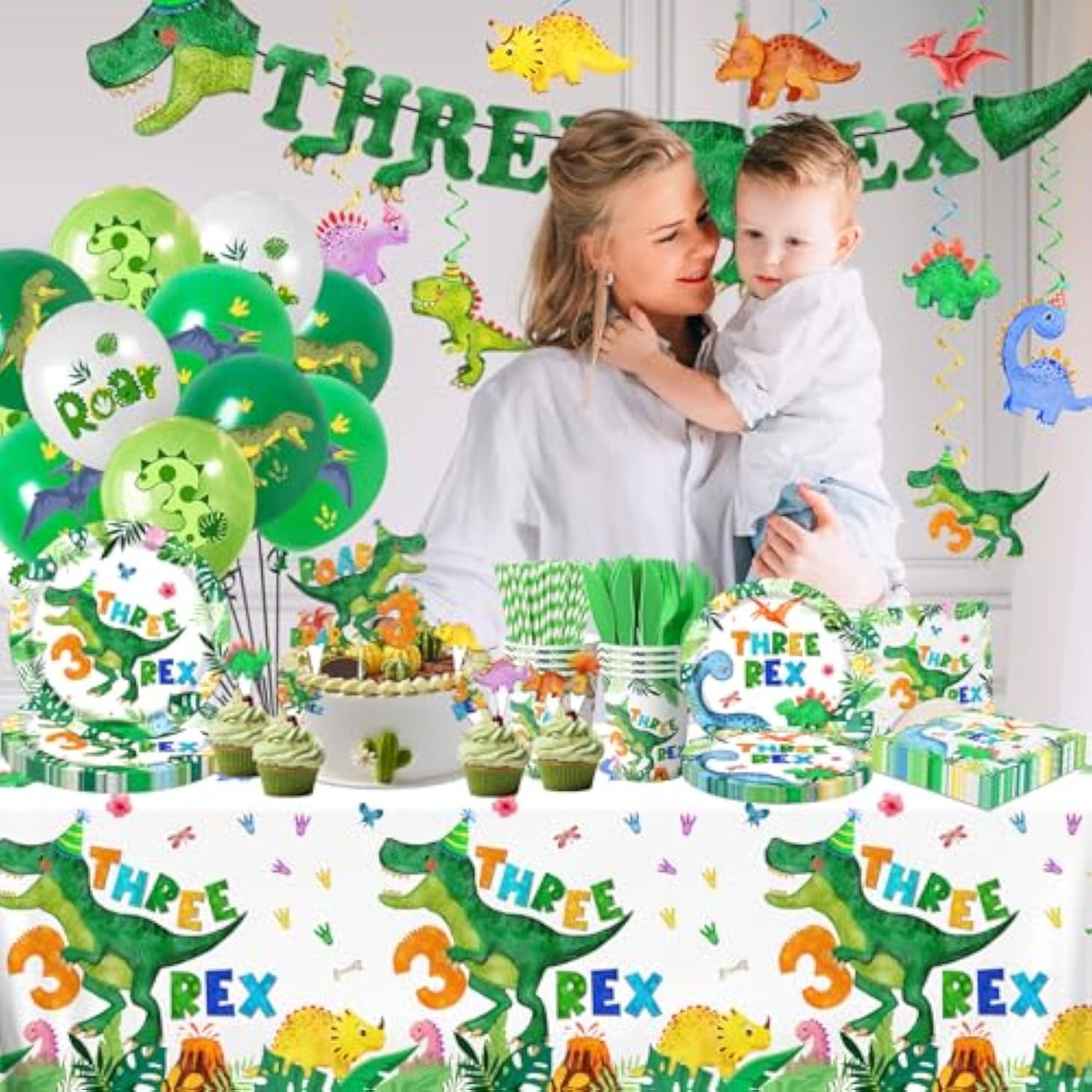 214Pcs Three Rex Birthday Decorations Tableware Boy,Dinosaur Paper Plates And Napkins For Birthday Party,12 Balloons,Banner,Tablecloth,Cups,Trex Dinosaur Theme 3 Year Old Boy Party Supplies,Serve 24