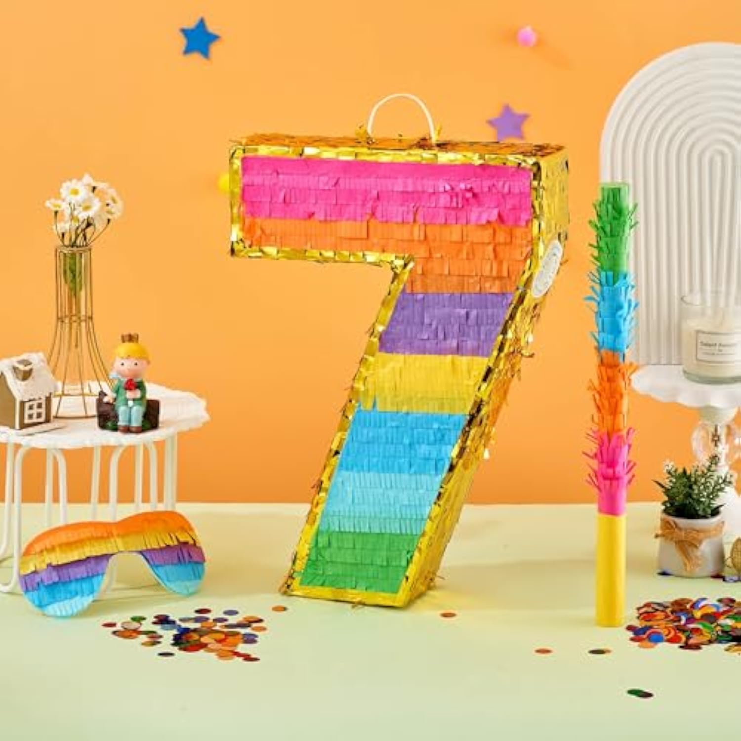 Rainbow Number 7 Pinata For 7Th Birthday Party Decorations, Fiesta, Kids Anniversary Celebration, Birthday Pinata With Stick, Blindfold And Confetti (Small, 16.5 X 11.5 X 3 In)