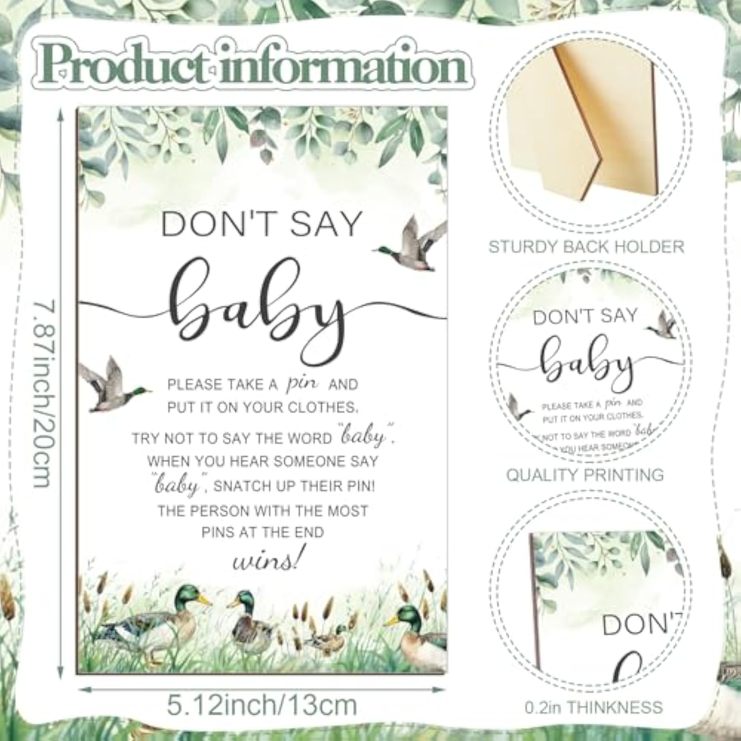 321 Pcs Baby Shower Games Supplies, 5 Sets (50 Cards Each) Activities Cards With 20 Pencils 1 Don'T Say Baby Sign 50 Clothespin(Mallard Duck)