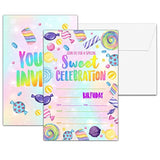 Sweet Celebration Birthday Party Invitations, Sweet Candy Birthday Invitation, Double-Sided Rainbow Tie Dye Fill In Invites, Kids Birthday Party Decorations, 20 Cards With 20 Envelopes(C11)
