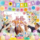 Spring Party Decorations - Hello Spring Backdrop, Banner, Hanging Swirl, Honeycomb Centerpieces, Paper Pom Poms And Balloons For Floral Birthday Themed Party Supplies