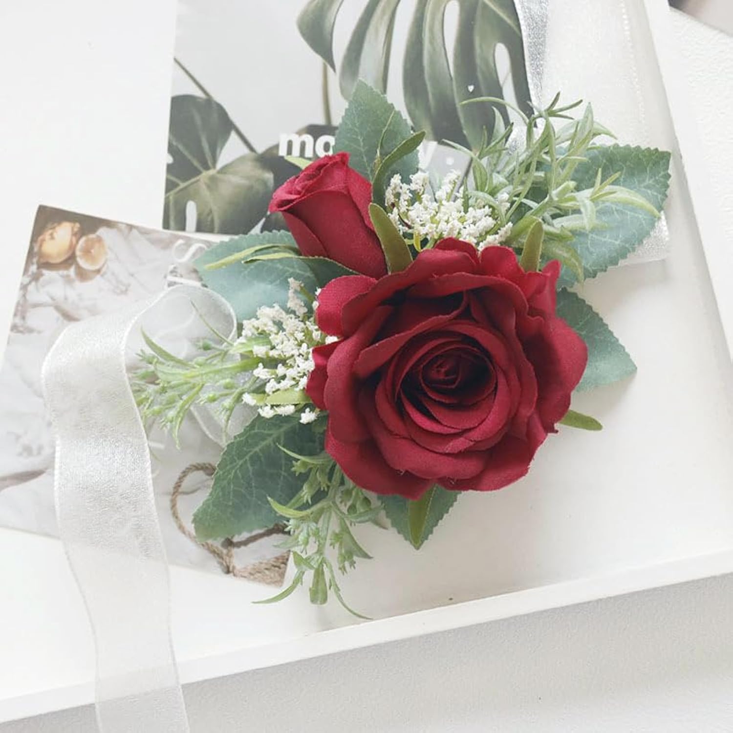Wrist Corsage And Boutonniere Set Artificial Rose Flowers Accessories For Groom Bride Groomsmen Bridesmaids Wedding Party Prom Suit - Burgundy 2 Pieces