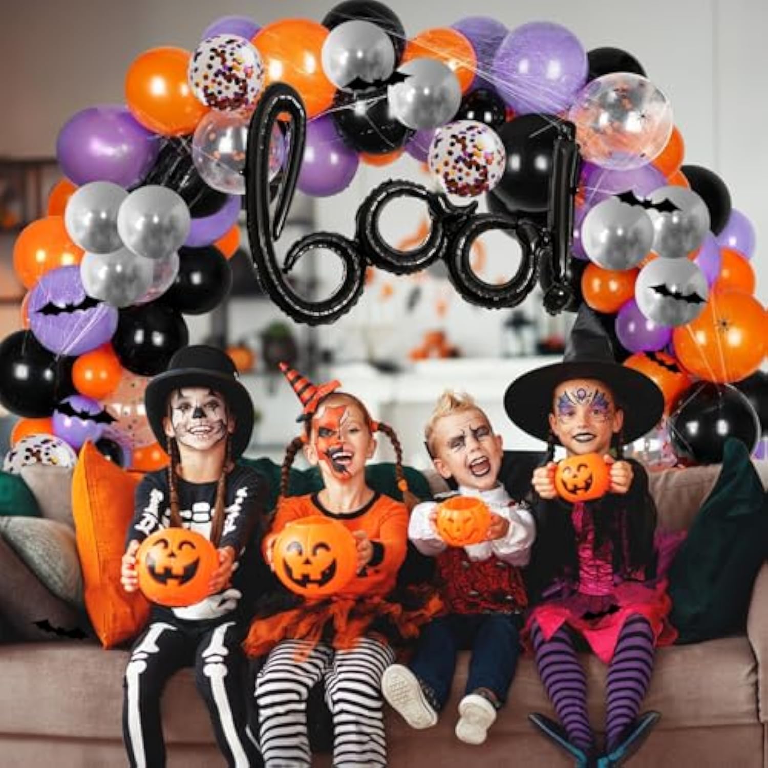 118Pc Halloween Balloon Arch Kit – Purple Orange Black Silver with Boo & Bat