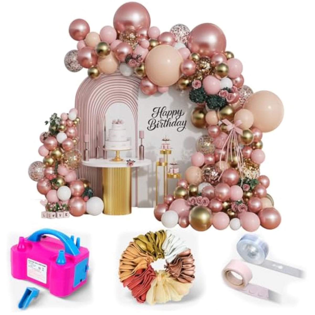 Rose Gold Balloon Garland Kit, 142Pcs Nude Pastel Pink Gold And Rose Gold Confetti Balloon Arch Kit With Electric Pump For Wedding Bridal Shower Princess Party Girl Birthday Baby Shower Decorations