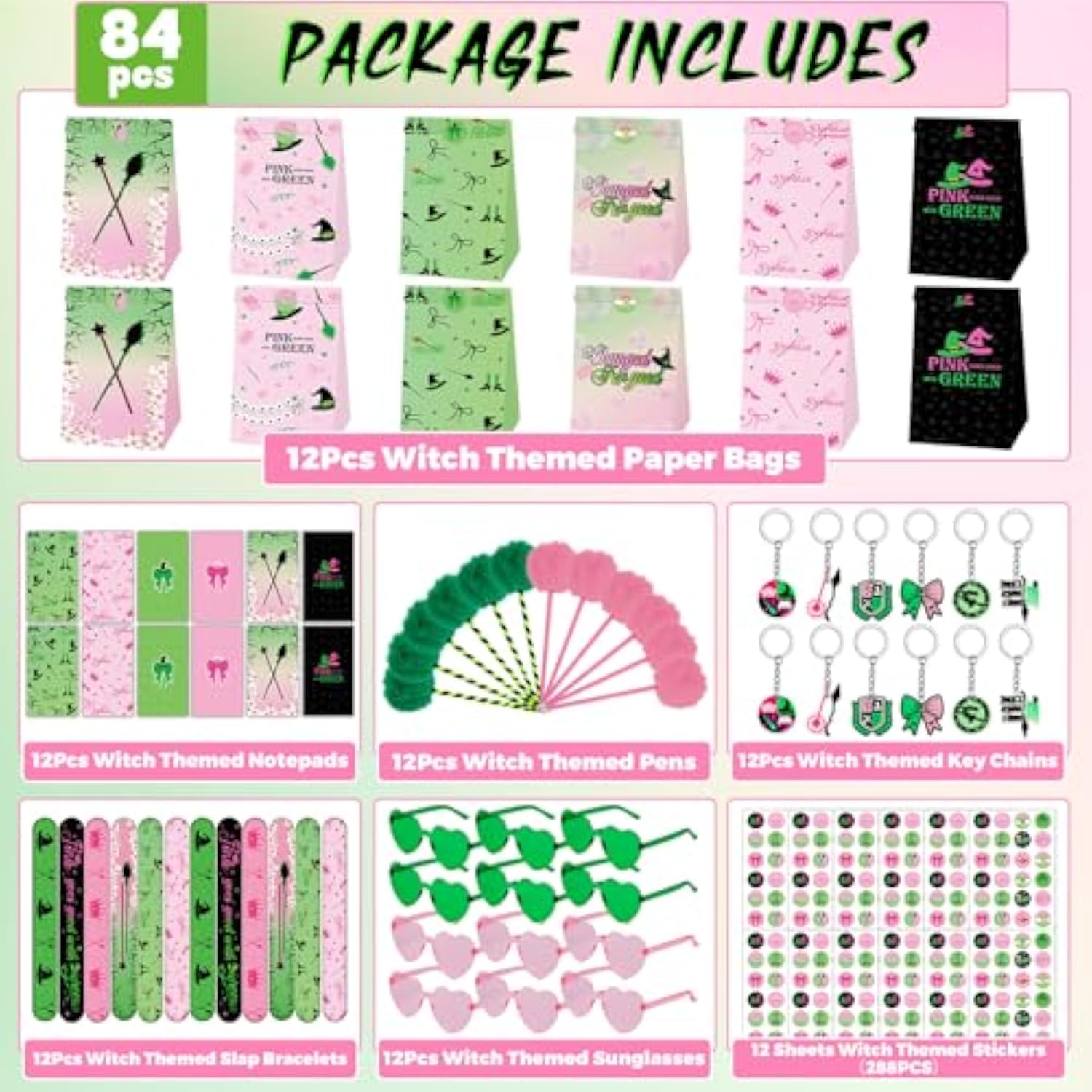 84Pcs Witch Party Favors With Pens Notepads Sunglasses Paper Gift Bag Princess Crown Key Chains Slap Bracelet Sticker Witchy Themed Party Supplies For Boy Girl Birthday Classroom Game Activities