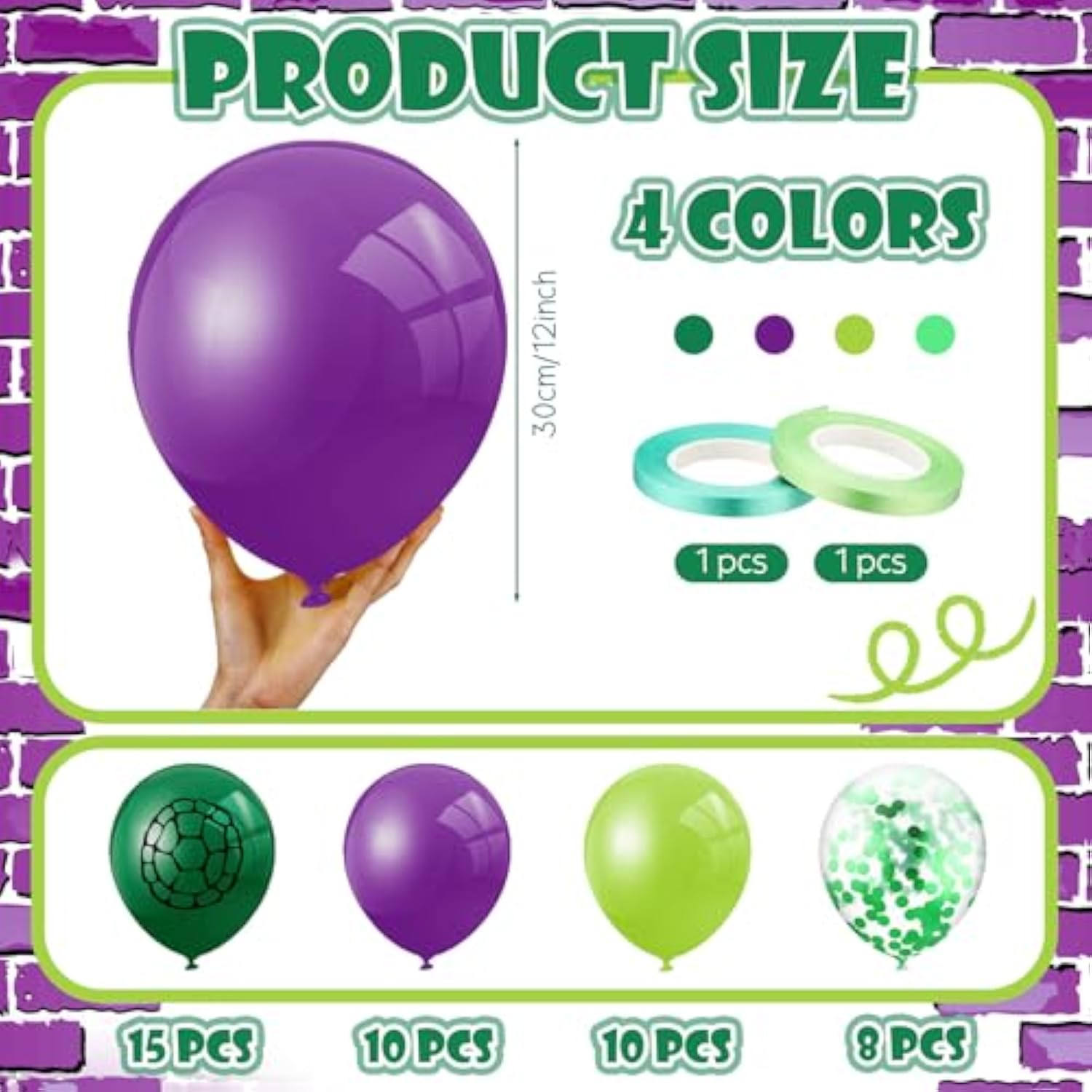 45 Pcs Cartoon Turtles Birthday Balloon Decorations Purple Dark Green Turtle Print Balloon Decor For Birthday Party Supplies