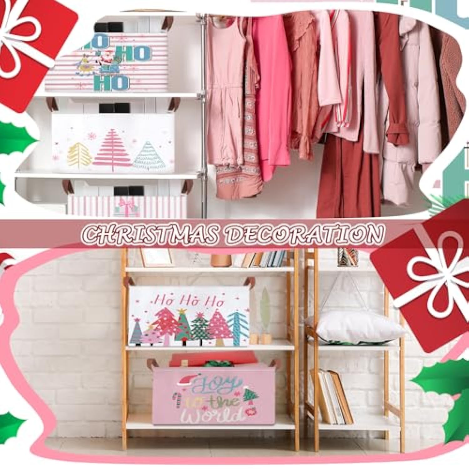 6 Pack Pastel Christmas Storage Bin Collapsible Large Christmas Storage Baskets For Gifts Canvas Laundry Basket Foldable Box With Handle For Office Home Bedroom Clothes