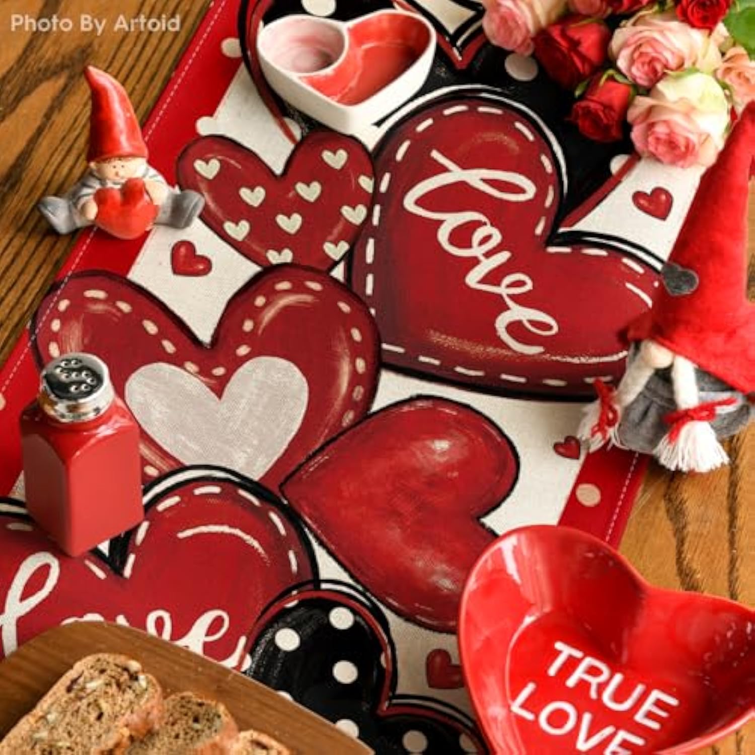 Red Polka Dot Heart Love Valentine'S Table Runner, Anniversary Wedding Kitchen Dining Table Decoration For Home Party Decor 13X72 Inch