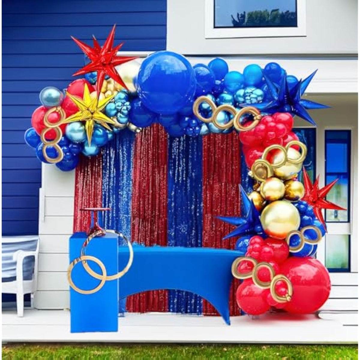 130-Pc Red, Blue & Gold Balloon Arch Kit with Starbursts for Gamer Parties