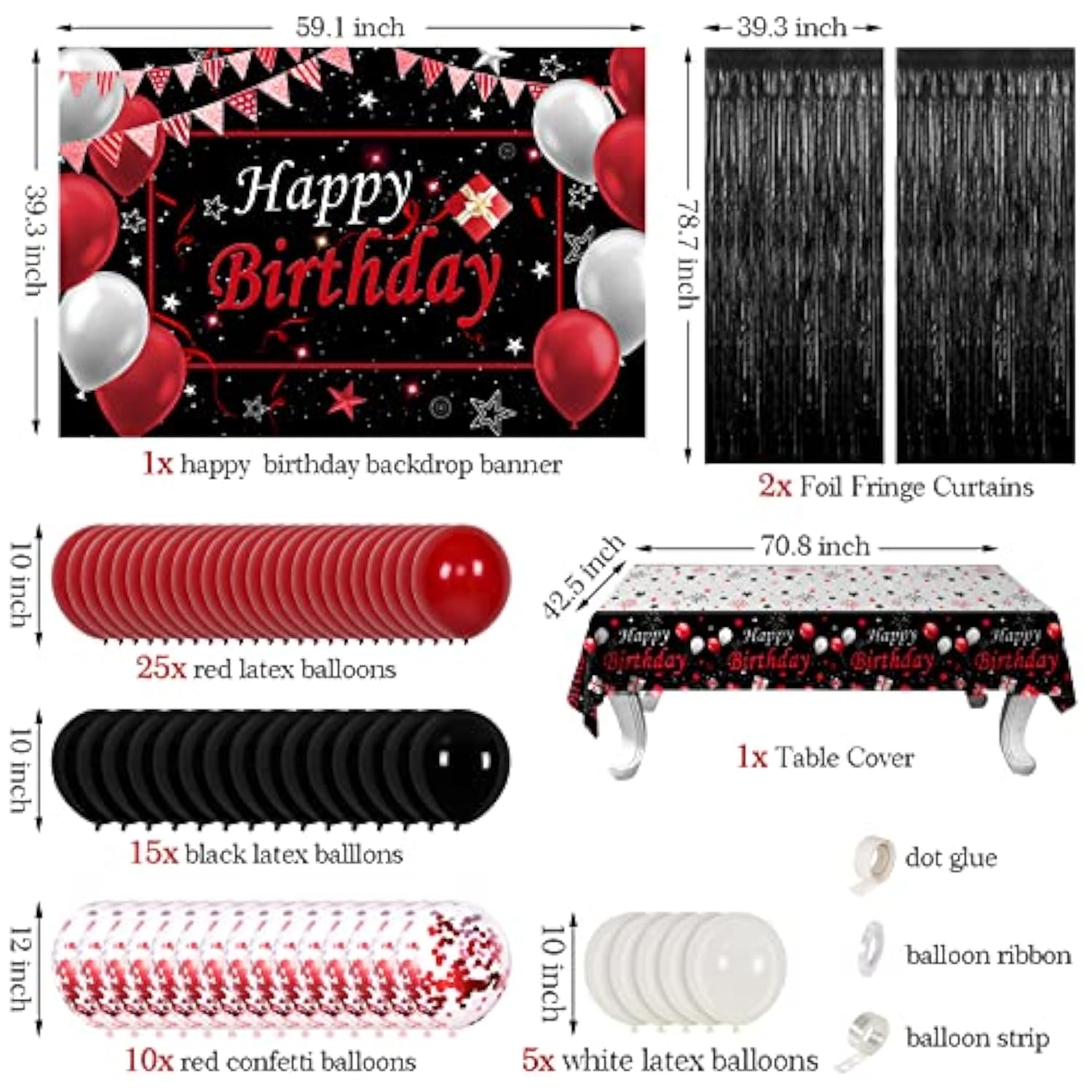 Red And Black Birthday Decorations For Men Women, Happy Birthday Decorations Fo Boys Girls Party Decoration Backdrop & Tablecloth Balloons Arch Kit Confetti Balloons Foil Fringe Curtains Table Cover