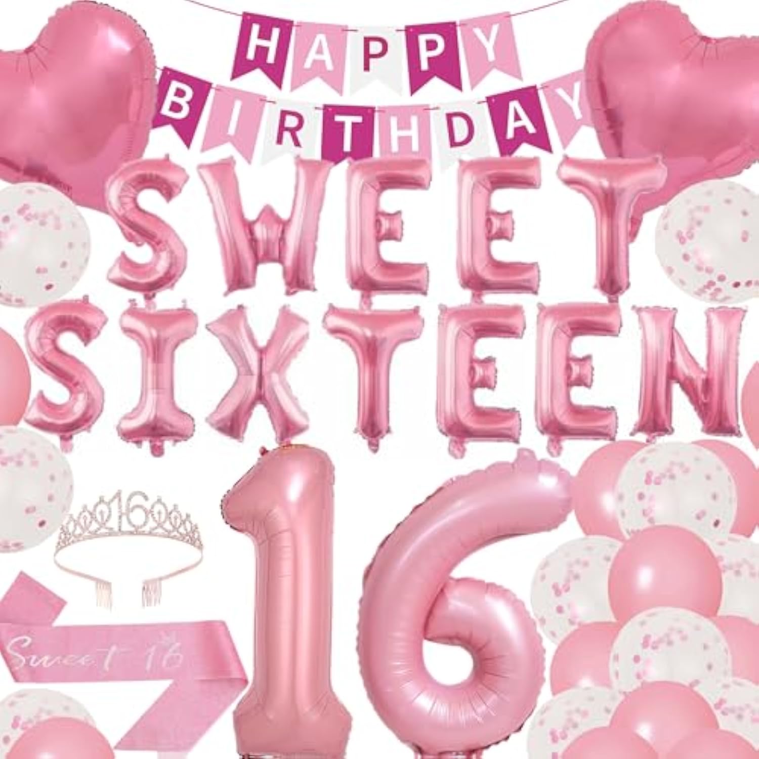 16Th Birthday Party Decorations Sweet 16 Party Balloons Sixteen Birthday Tiara Pink Sash Happy Birthday Banner For 16 Year Old Women Birthday Party Favor Supplies