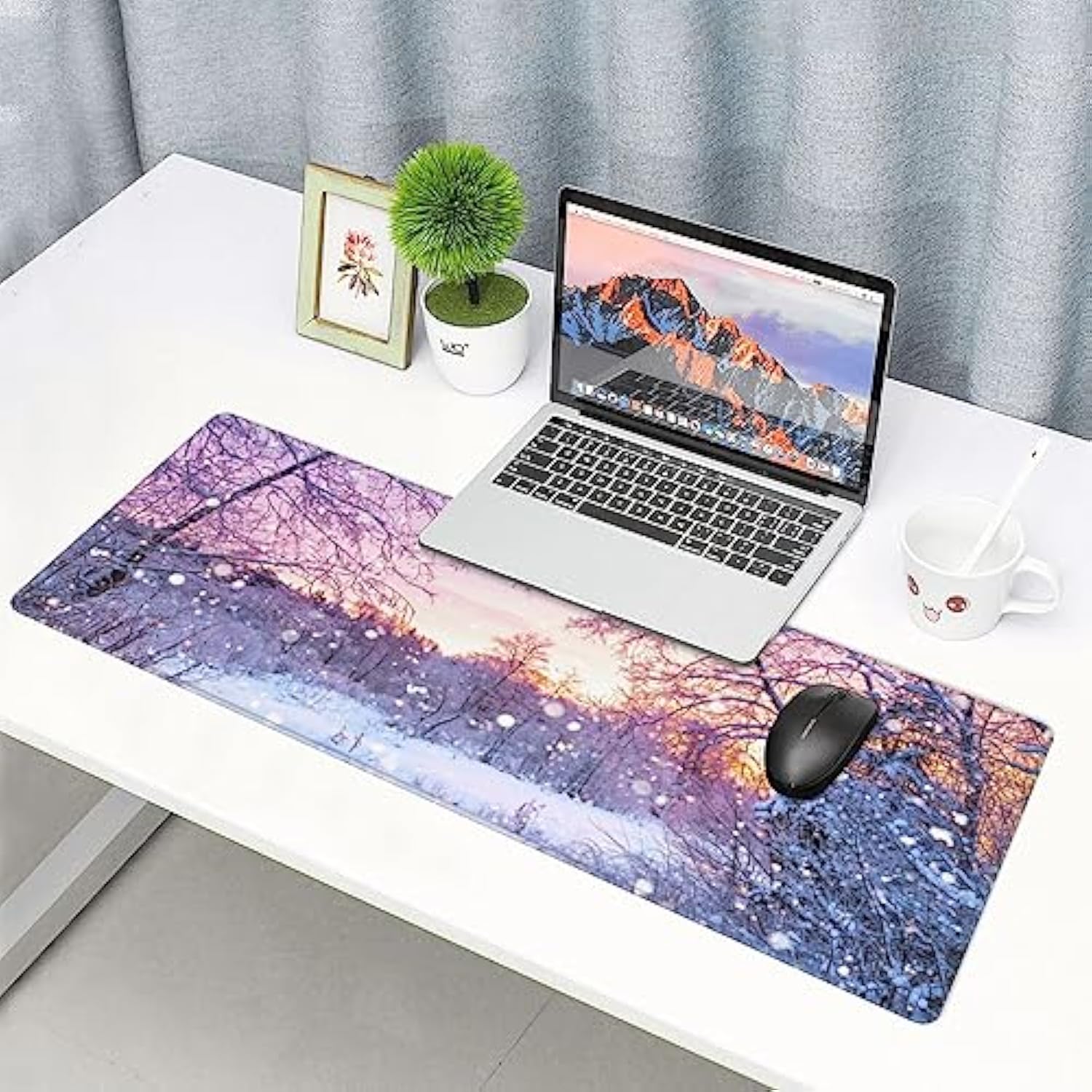 Large Mouse Pad Beautiful Winter Landscape Gaming Mousepad Extended Keyboard Mouse Mat Desk Pad Non-Slip Stitched Edge Rubber Table Mat,31.5 X 11.8 Inch
