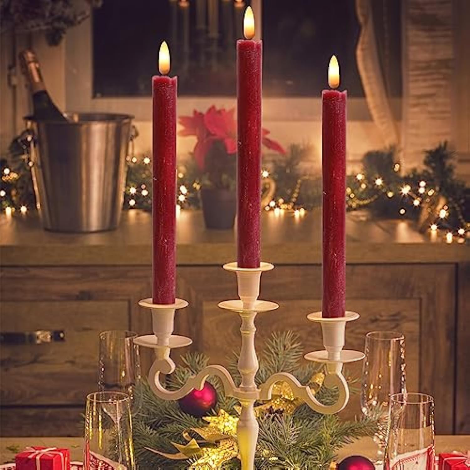 Flameless Taper Candles With Timer, 6 Pack Battery Operated Led Flickering Real Wax Red Candle For Christmas Wedding Dinner Decorations