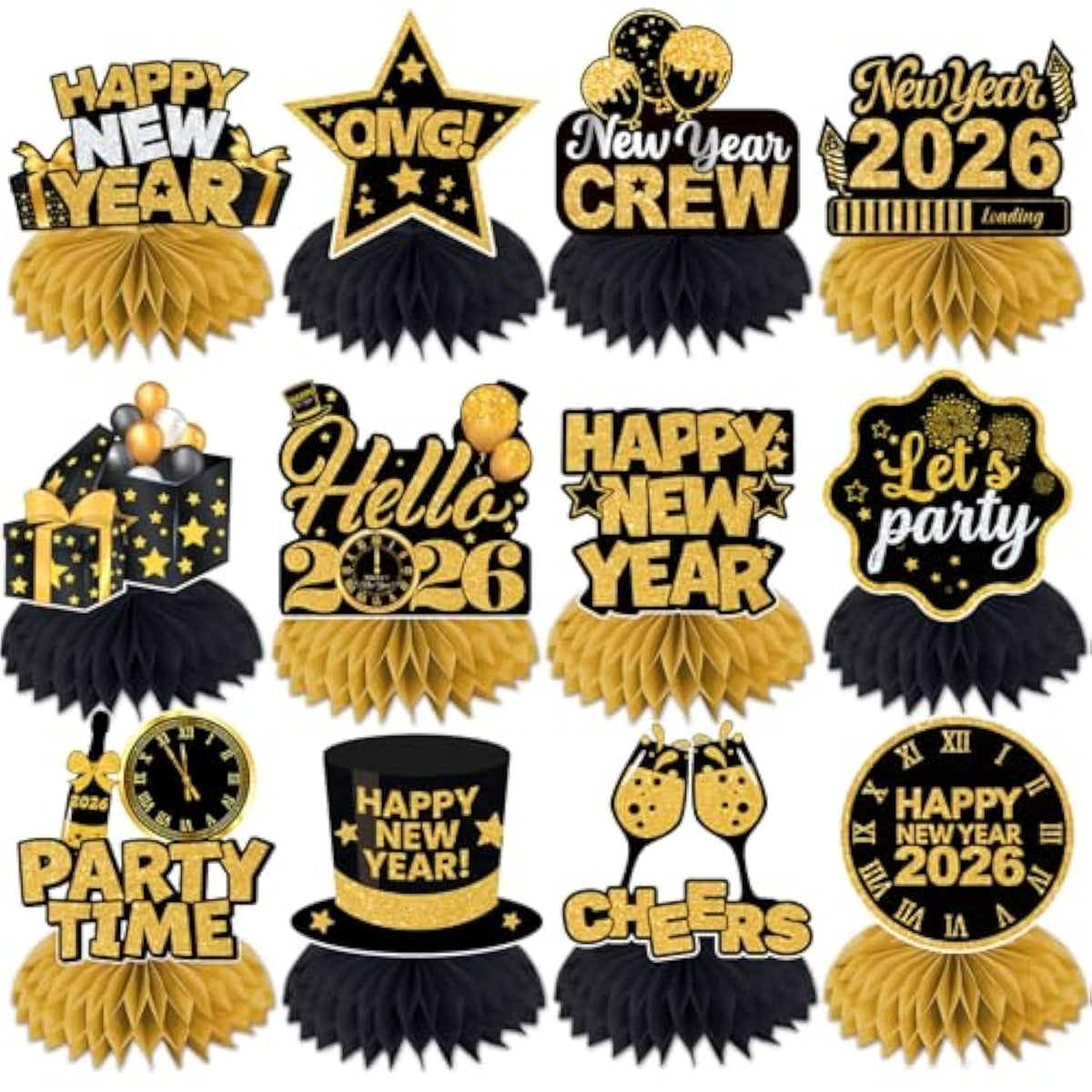 12 Pcs 2026 New Year Honeycomb Table Centerpieces for Party Decorations