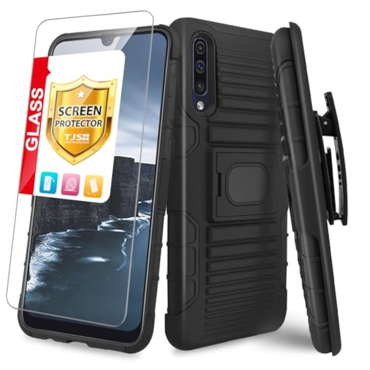 Phone Case Compatible With Samsung Galaxy A50/Galaxy A30/Galaxy A20, [Tempered Glass Screen Protector] Belt Clip Holster Magnetic Support Hybrid Kickstand Heavy Duty Cover (Black)