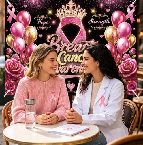 Breast Cancer Awareness Backdrop Pink Ribbon Crown Rose Gold Balloon Background Hope Faith Strength Charity Event Photo Booth Props 8x6FT