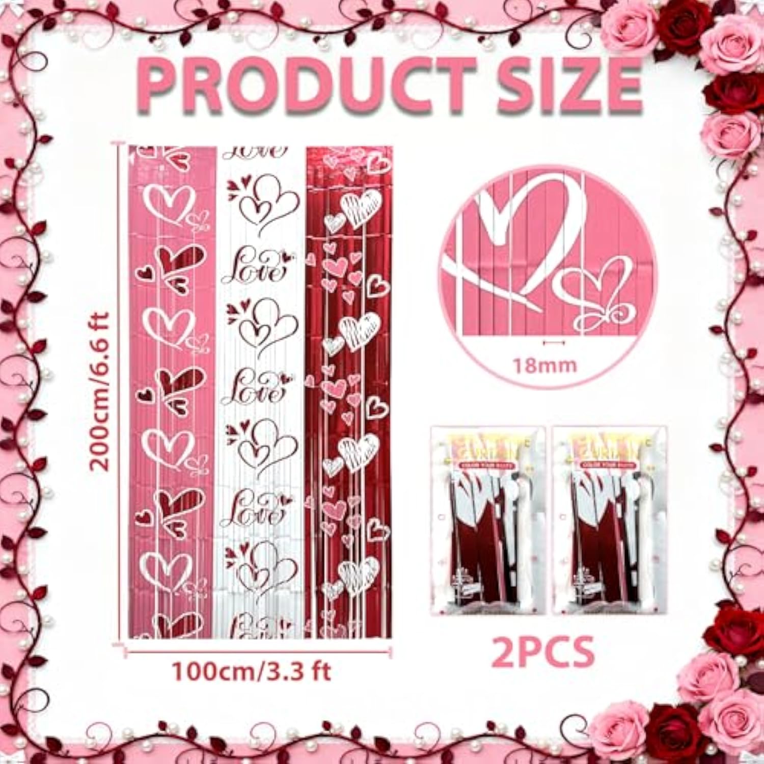 Valentines Party Decorations (2 Packs), 3.3X6.6Ft Love Foil Fringe Curtains Backdrop Red Pink White Tinsel Streamer Galentine’S Day Photo Booth Props For Wedding Anniversary Party Supplies