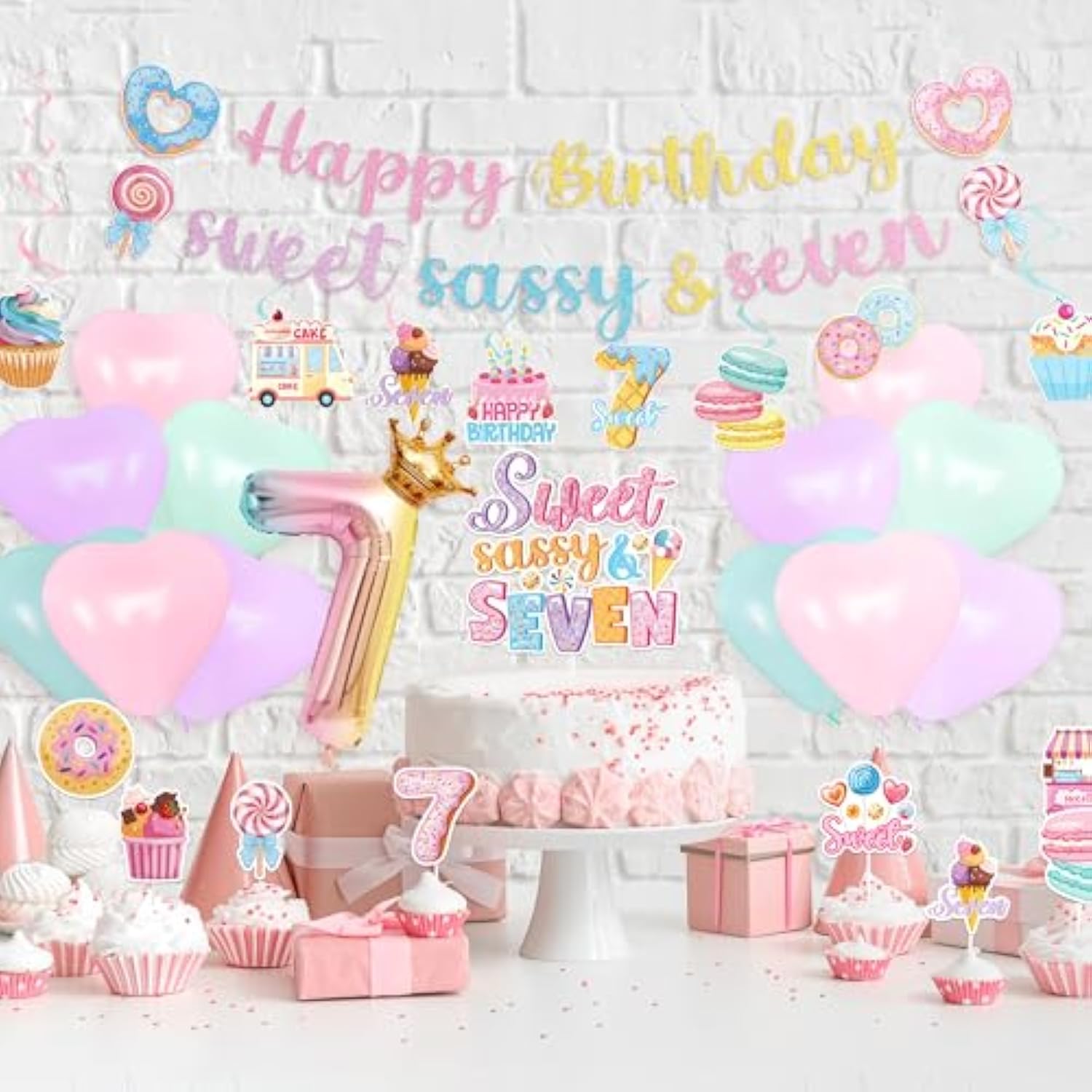 7Th Birthday Party Decorations - 40 Pcs Donut Sweet Sassys And 7 Hanging Swirls Decors Sets For Girls Seven Candy Celing Banner Supplies Happy Dessert Insert Cupcake Toppers Balloons Favors