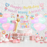 7Th Birthday Party Decorations - 40 Pcs Donut Sweet Sassys And 7 Hanging Swirls Decors Sets For Girls Seven Candy Celing Banner Supplies Happy Dessert Insert Cupcake Toppers Balloons Favors