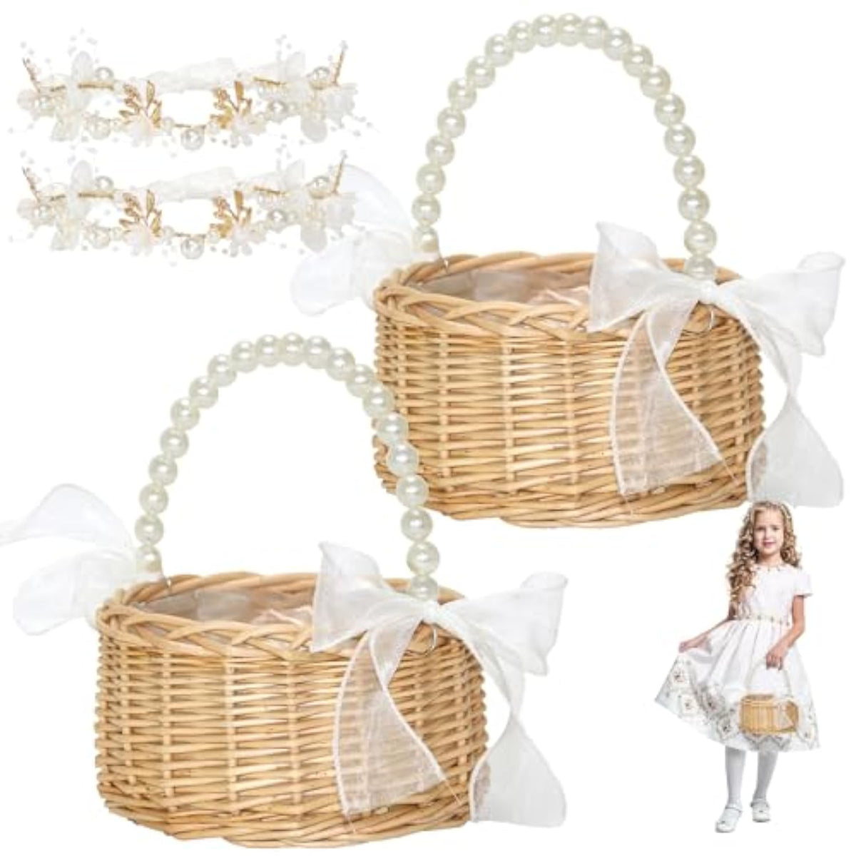 2 Set Wicker Flower Girl Basket & Headpiece, Willow Handwoven Basket With Pearl Handle And Bow Fairy Flower Basket,Wedding Flower Girl Hair Accessory Pearl Headband For Women