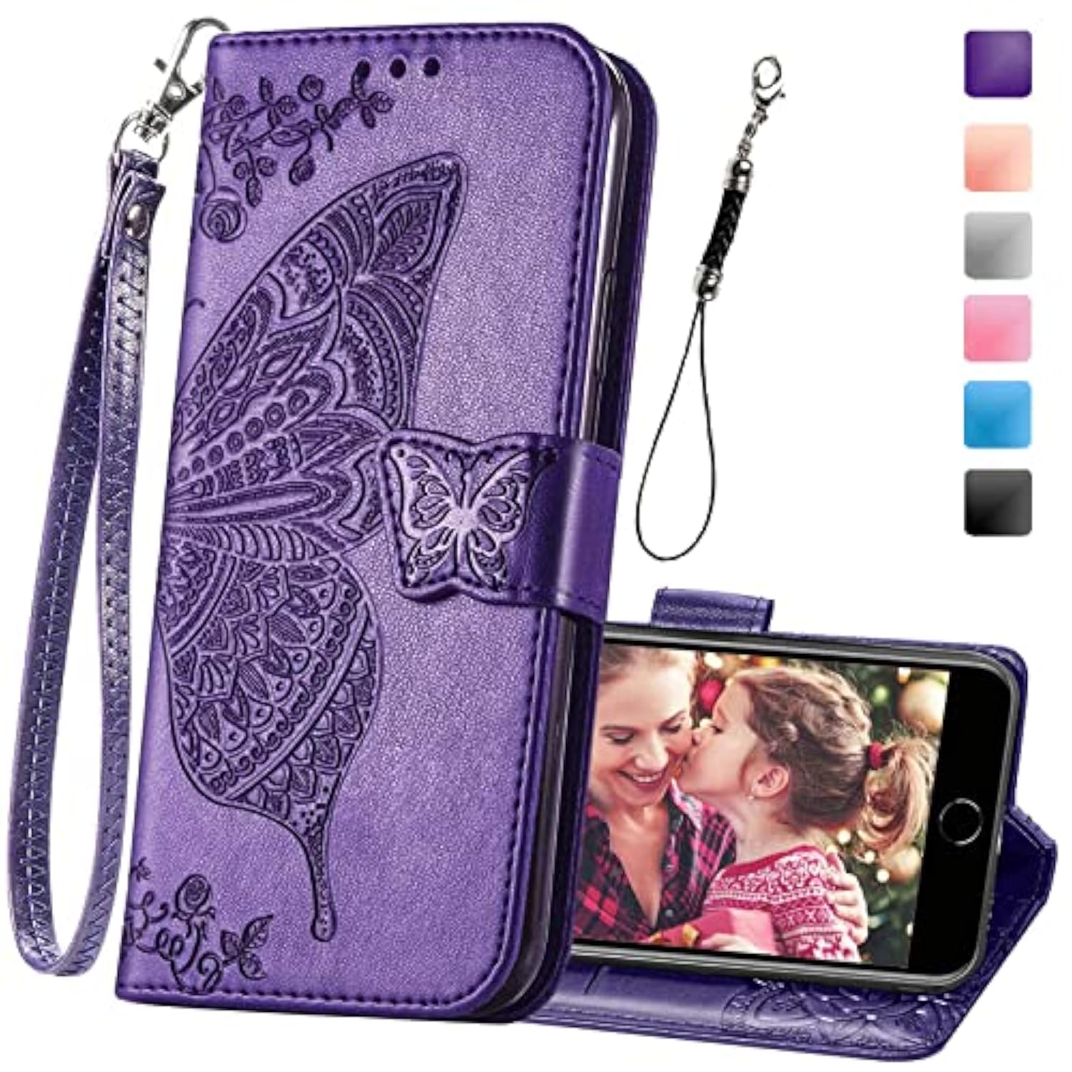Wallet Case For Iphone Se 2020/Se 2022/Iphone 8/Iphone 7,Women Butterfly Embossed Pu Leather Stand Card Slots Wrist Strap Flip Folio Cover For Iphone 6/6S/7/8/Se 2Nd/Se 3Rd Gen (Purple)