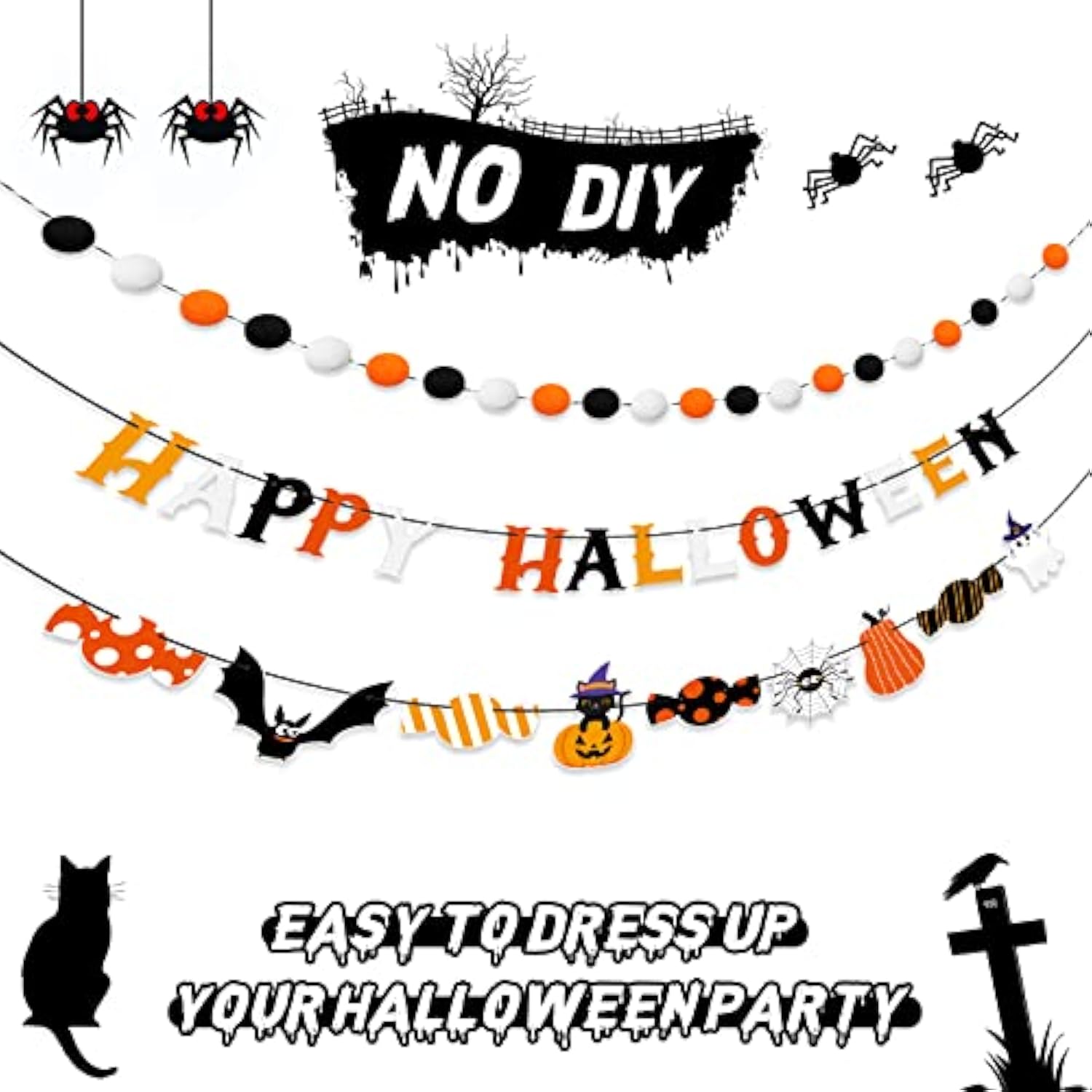 Halloween Banner Pom Pom Garland Set with Bat Candy Banner and Black Bat Wall Sticker
