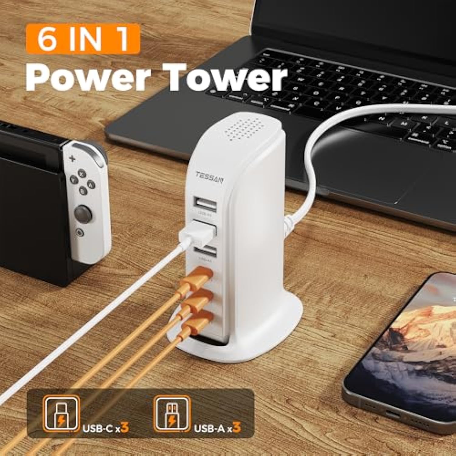 65W Usb Charging Station For Multiple Devices, Usb C Charger Block For Iphone13/14/15, Tablet, Earphone With 6 Ports For Home Office Travel Accessories