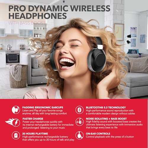 Wave-54 Wireless Over-Ear Bluetooth Headphones, Hi-Res Audio, Deep Bass, Noise Cancelling, Bluetooth 5.3, Foldable Headset with Mic, 12H Playtime,