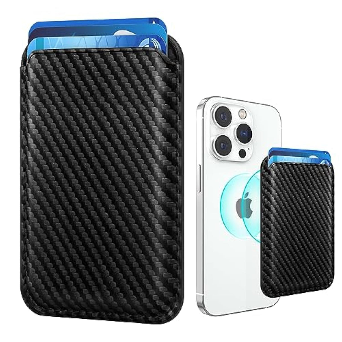 Magnetic Cell Phone Card Holder For Phone Case With Mag Safe, Stronger Magnetic Rfid Leather Phone Wallet Stick On Series Of Iphone 15/14/13/12 And Pro/Promax, Carbon Fiber Black