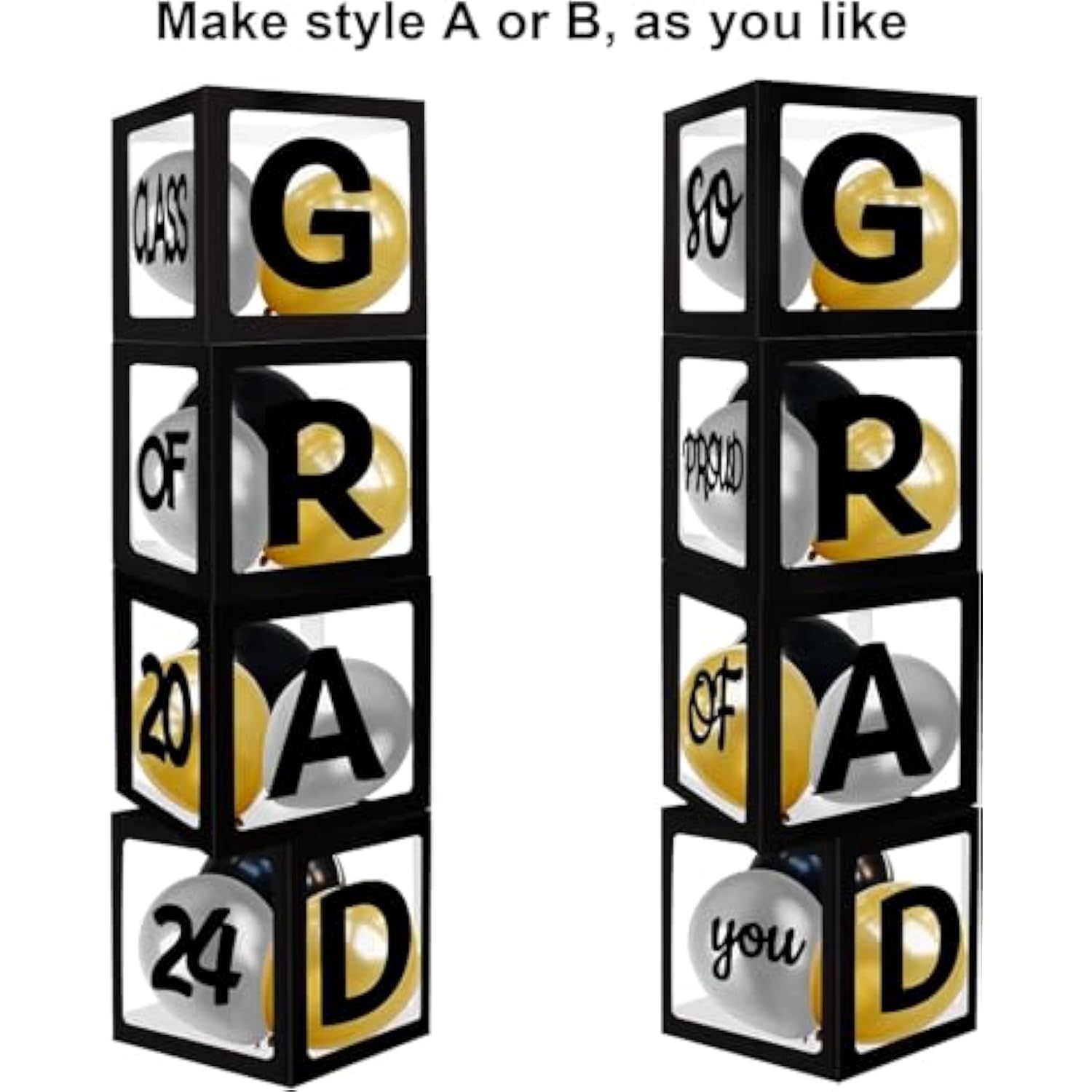 Class Of 2025 Graduation Decorations Black Graduation Balloon Box Kit, With Letters " Grad", So Proud Of You" And " Class Of 2025", Grad Party Decoration Supplies, With Black Gold Silvers Balloons