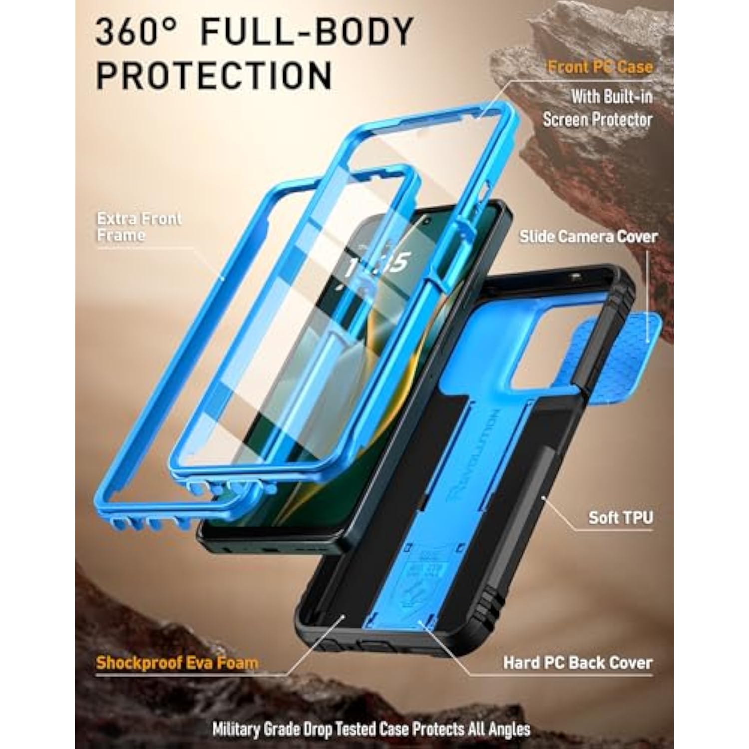 Revolution Case For Motorola Moto G 5G 2025, [Slide Camera Cover], Full-Body Military Grade Rugged Shockproof Cover With Kickstand And Built-In-Screen Protector, Light Blue