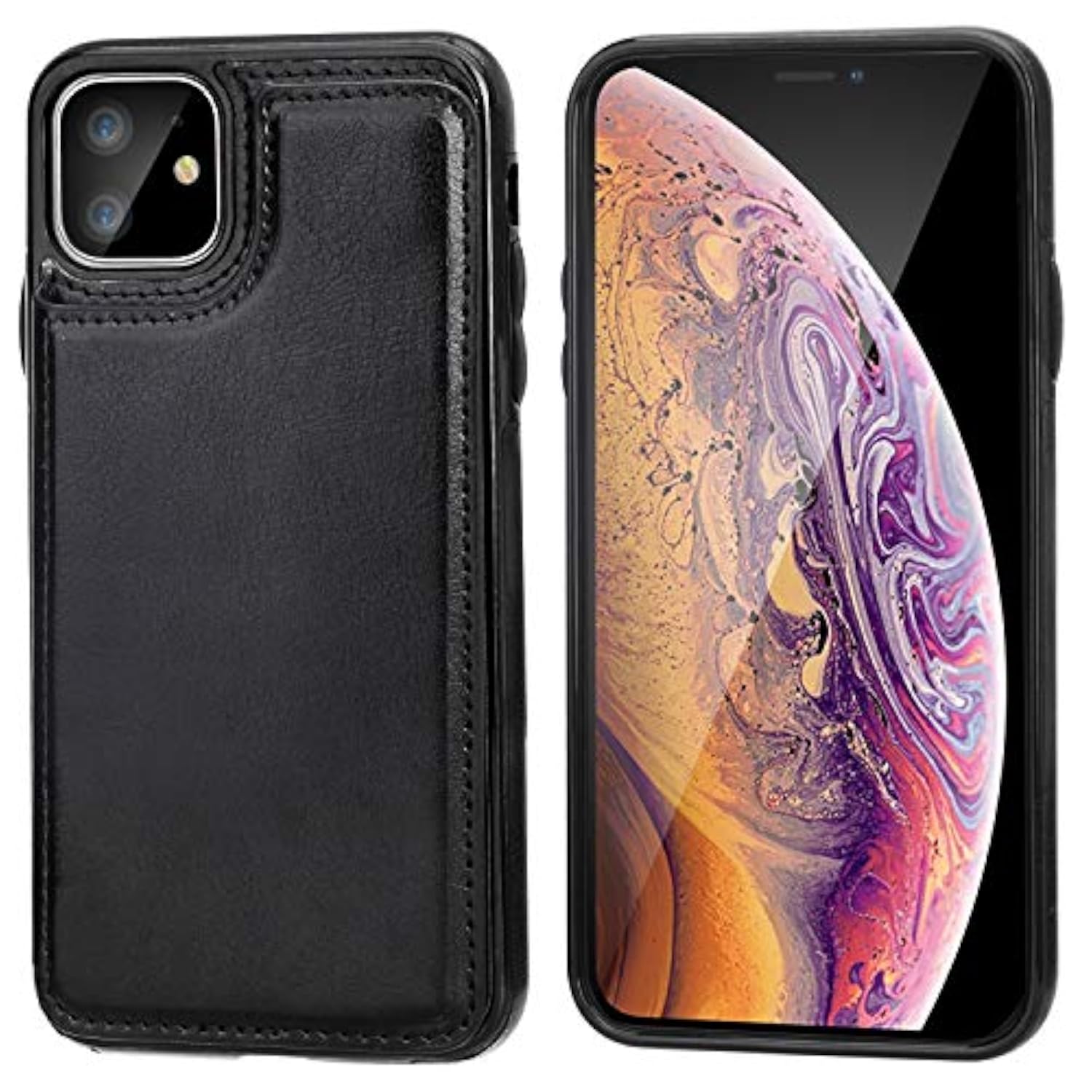 iPhone 11 Wallet Case with Credit Card Holder, Black - Faux Leather Design