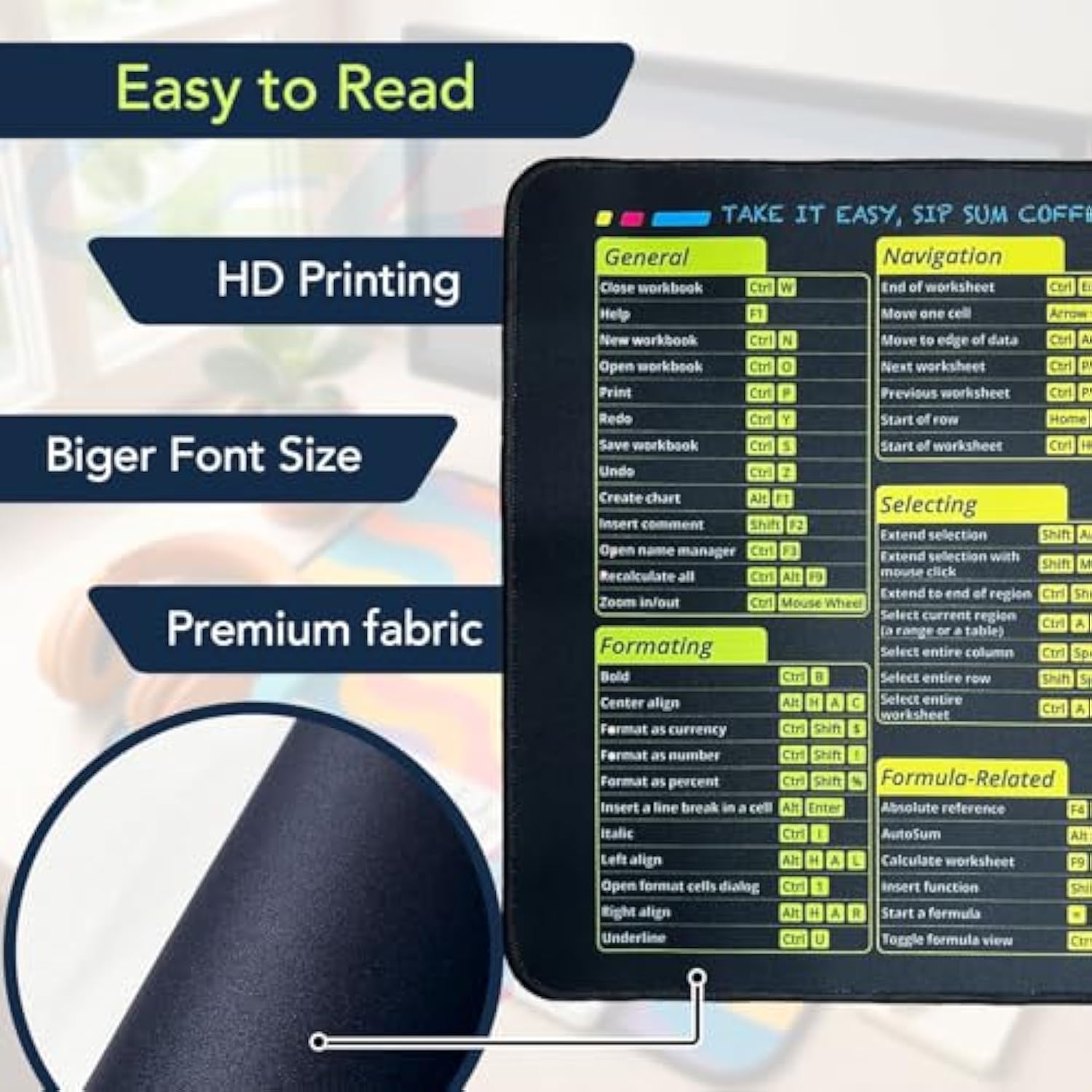 Excel Shortcuts Mousepad, Large Excel Cheat Sheet Desk Mat With Stitched Edge Non-Slip Excel Mouse Pad For Office And Work From Home (Colorful)