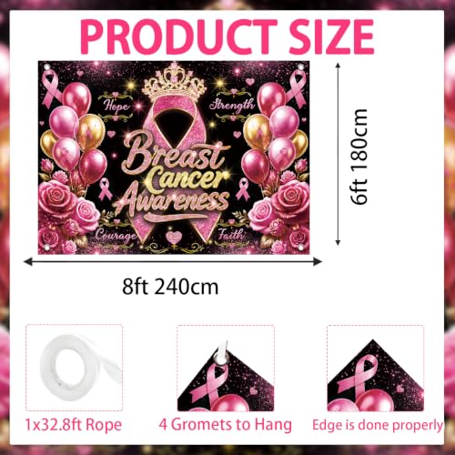 Breast Cancer Awareness Backdrop Pink Ribbon Crown Rose Gold Balloon Background Hope Faith Strength Charity Event Photo Booth Props 8x6FT