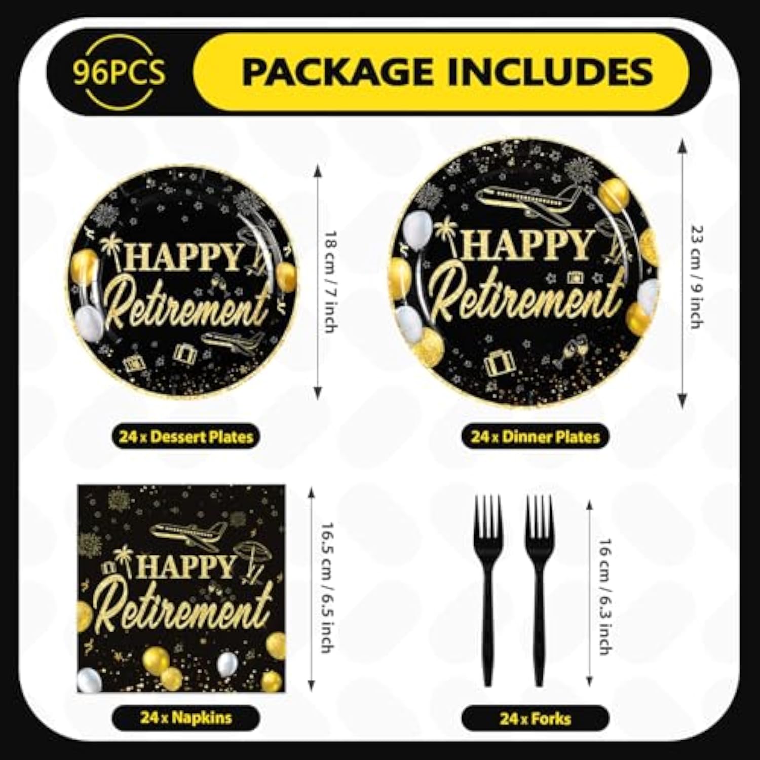 96Pc Black Gold Retirement Party Supplies Plates Napkins Tableware Set