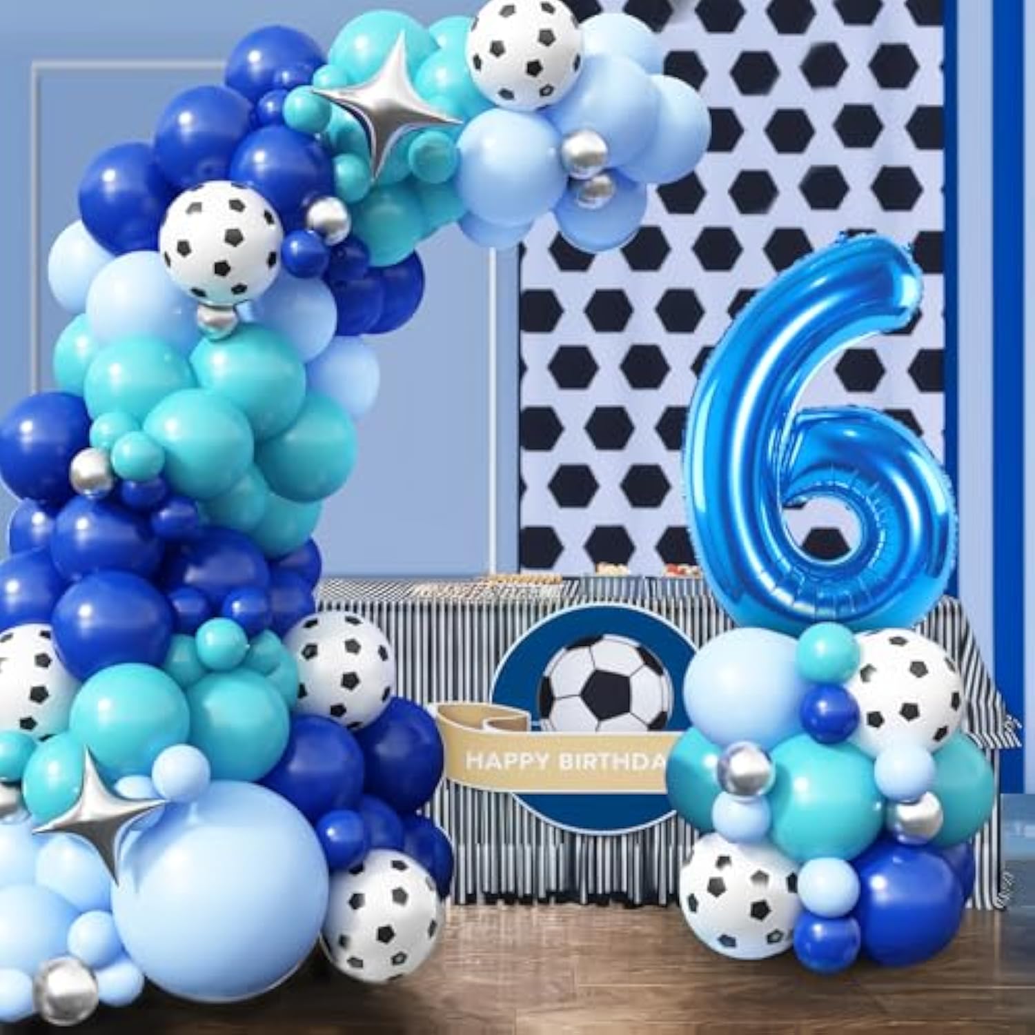 6Th Soccer Birthday Balloons Decorations, Soccer Balloon Arch Kit With Royal Blue Teal Light Blue Balloons, 40 Inch Blue Number 6 Balloon Tower, For Boys 6 Years Old Football Club Party Decorations