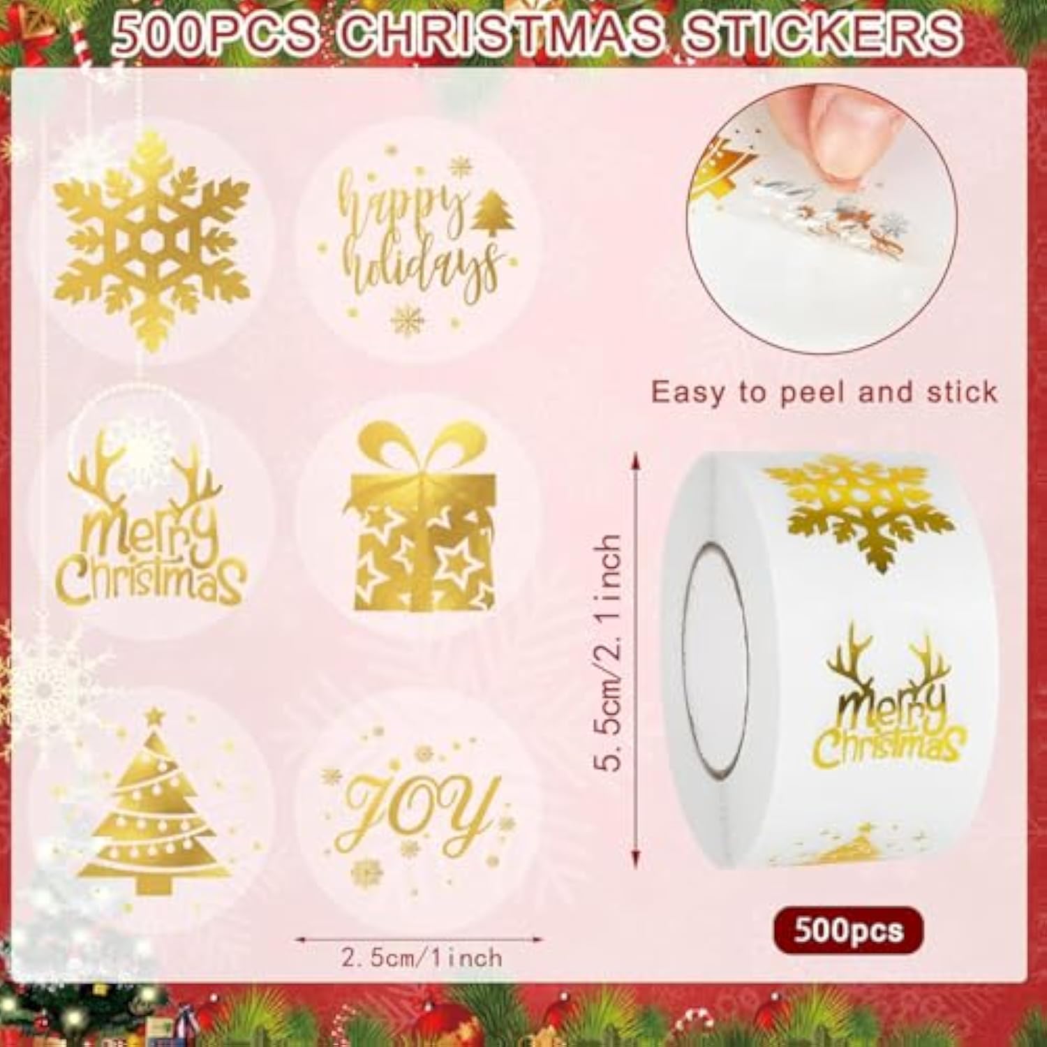 Merry Christmas Stickers Roll Gold Foil Snowflake Xmas Tree Paper Decals 6 Design Sparkly Winter Self-Adhesive Decorative Stickers For Envelope Sealing Invitation Card Party Supplies, 500Pcs