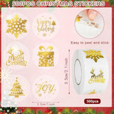Merry Christmas Stickers Roll Gold Foil Snowflake Xmas Tree Paper Decals 6 Design Sparkly Winter Self-Adhesive Decorative Stickers For Envelope Sealing Invitation Card Party Supplies, 500Pcs